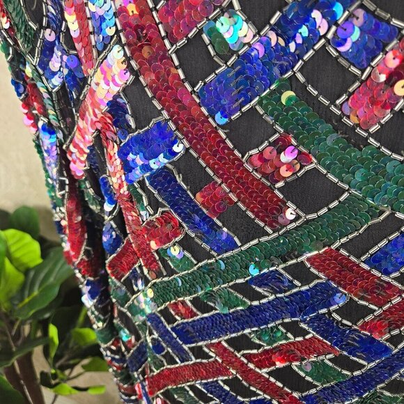 Vintage 80's Silk Sequin Beaded Evening Blouse Blue Green Fuchsia Black - Picture 10 of 16